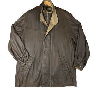 Vintage Remy USA Brown Leather Jacket Mens 44 Stand Collar Car Coat Zip Snap